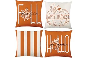 DIYDEC 4 Pack Fall Pillow Cover, 18×18 Inch Orange Pumpkin Maple Leaf Throw Pillow Covers Hello Fall Pillow Cushion Case for Fall Indoor Sofa Home Decorative