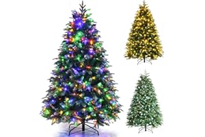 GYMAX 5FT/6FT/7FT Pre-Lit Artificial Christmas Tree, Hinged Xmas Tree with 581/899 Branch Tips, 250/350 LED Lights, Pine Cones & Red Berries, 11 Lighting Modes, Holiday Decor Tree (5FT)