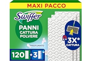 Swiffer Panni Cattura Polvere, 120 Panni Microfibra Dry e 3 Panni Lavapavimenti, Cattura Polvere e Sporco, Ottimo per Tutti i Tipi di Pavimenti e per i Peli di Animali, Maxi Formato