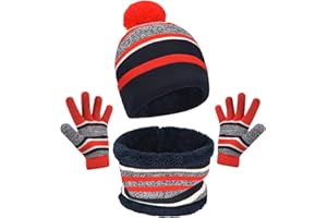 Maylisacc Ensemble de Bonnet Echarpe Gants Hiver pour Enfants de 3 à 6 Ans avec Doublure Polaire Double Épaisseur, Bonnets Tricotés avec Pompon et Snood Gant pour Garçons Filles