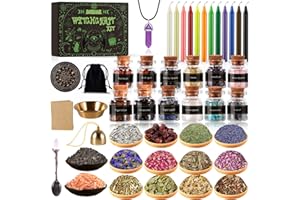 FLYUP AOXLLK Witchcraft Starter Kit, Witchcraft Supplies and Tools for Wiccan Altar- 54 Pack of Crystals Dried Herbs, Colored Magic Candles, Chakra Discs and Ritual Witches Magic Spoon, Baby Witches