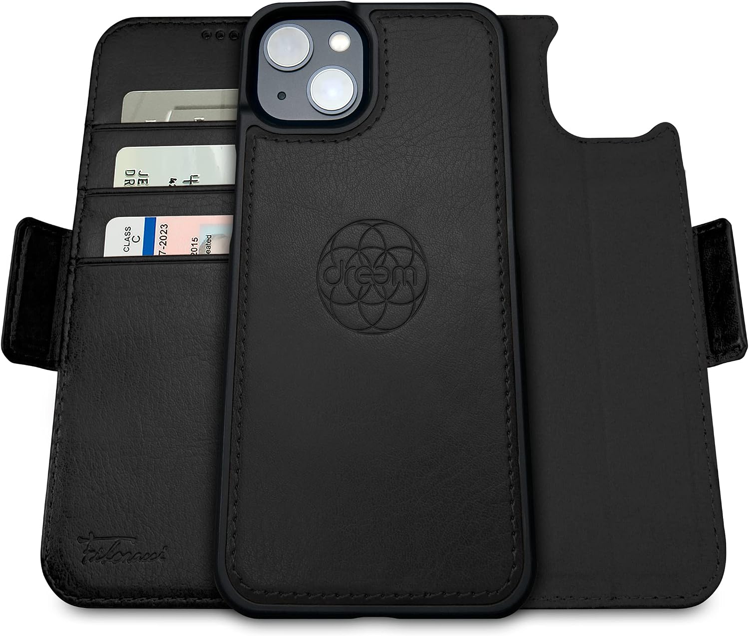 dreem 3-in-1 Wallet Case for iPhone 14/16e/17e | Built-In Kick-Stand, Magnetic Detachable Vegan Leather Flip Cover with RFID Blocking Card Holder, MagSafe Compatible, Gift Box [Fibonacci: Black]