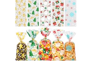 Riceduo Christmas Cellophane Treat Bags, 100 Pieces Xmas Clear Cello Gift Bags with Twist Ties, Christmas Candy Goodies Bags for Kids Christmas Party Favors Supplies