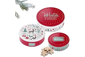 Brandsseller 3er Set Plätzchendosen aus Metall – stapelbare, runde Keksdosen mit Deckel - lebensmittelechte Aufbewahrungsdosen für Gebäck, Kekse & Weihnachtsplätzchen – Wintervorrat