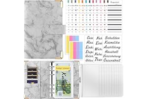 ‎MRSSBEA Budget Planner Deutsch Budget Binder - Bugetplaner mit Folien, Geld Organizer, A6 Ringbuchordner Notizbuch, Geld Sparen Mappe, Deutsche Aufkleber für 10 pcs Bindertaschen, 12 pcs Budget Blätter