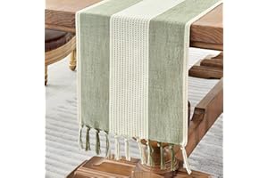 Wracra Cotton Linen Sage Green Table Runner 275cm Long with Hand-tassels, Macrame Table Runner for Holiday Parties and Everyday Use(Sage Green, 275cm)