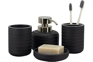ZCCZ Black Bathroom Accessories Set of 4 with Soap Dispenser, Toothbrush Holder, Bathroom Tumbler and Soap Dish, Decorative Countertop Organizer