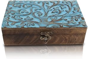 The Great Indian Bazaar Portagioie decorativo fatto a mano in legno con albero della vita intagliato – blu – organizer per gioielli e scatola portaoggetti – regalo di inaugurazione della casa
