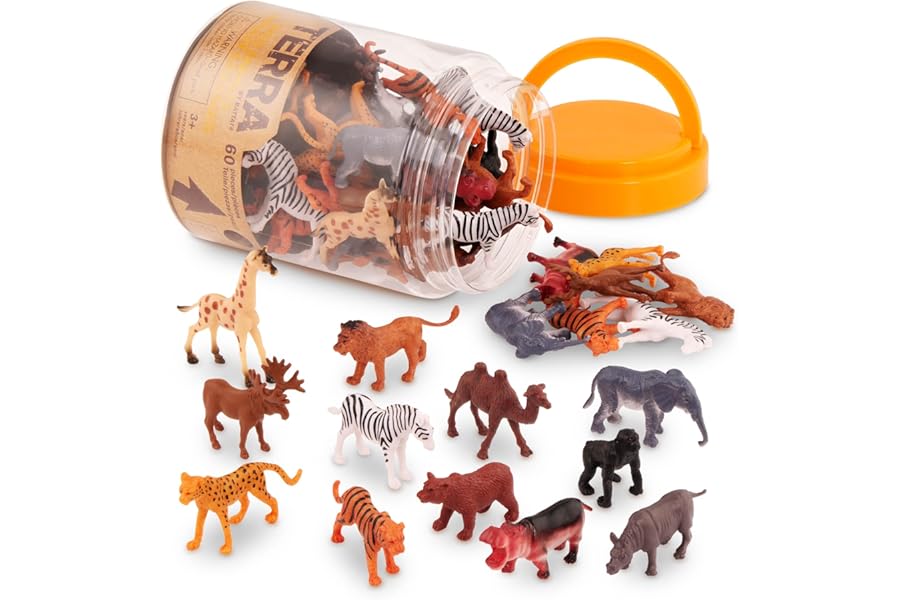 Terra by Battat – 60 Pieces Wild Creatures Tube – Realistic Mini Animal Figurines – Lion, Hippo, Tiger, Bear & More Safari Animals – Educational Toys for Kids & Toddlers 3+ Years
