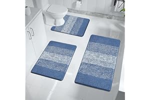 Enyhom Badteppich Set 3 Teilig Weich Hochflor Duschteppich Badematte Toilettenmatte Maschinenwaschbar rutschfeste wc Teppich Set Badvorleger Badezimmerteppich, Blau