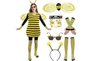 Firecos Disfraz de Abeja Adulto 6 Piezas Disfraz de Animal para Mujeres Accesorios con Alas Antena Diadema Gafas de Sol Guantes Calcetines para Carnaval Fiesta