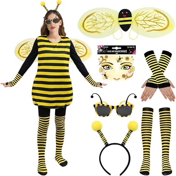 JadeLink Bienen Kostüm Damen | Inkl. Haarreif, Stulpen & Tattoo | Universalgröße | Für Karneval & Mottoparty
