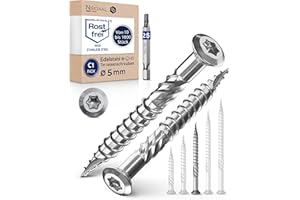 NIETFULLTHINGS 250 sztuk śrub tarasowych o wymiarach 5 x 60 mm długości, idealne do desek tarasowych 25 mm, nierdzewna hartowana stal nierdzewna C1, Torx 25 w zestawie 1 bit | wkręty do drewna z płaskim łbem