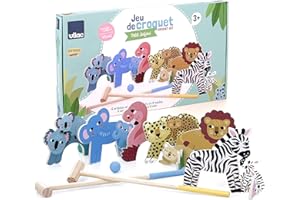 VILAC - Jeu de Croquet Petit Safari - Michelle Carlslund - Jouet Plein Air - 6 arceaux Animaux en Bois + 6 Cales colorées en Bois - Jeux en Bois - Dès 3 Ans - 8572