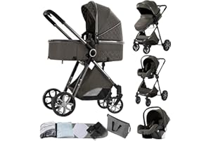Prokoke Kinderwagen 3 in 1, Buggy mit Umkehrbarem Zwei-Wege-Schub, Kinderwagen Rahmen Aluminiumlegierung, Kombikinderwagen 3 in 1 Einem Klick Faltbar Baby Kleinkind Neugeborene (225 Deep Grey)