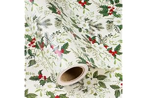 RUSPEPA Papel De Regalo Navideño - Mini Rollo - 43,2 Cm X 10 M - Papel De Regalo Floral Blanco Con Hojas Verdes Y Frutos Rojos Para Y Fiestas