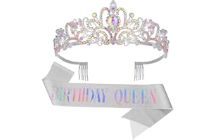Abeillo Compleanno Donna Corona, Birthday Queen Sash e Compleanno Strass Corona, Set di Decorazione per Compleanno Donne (Argento)