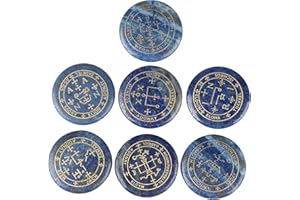 mookaitedecor 7pcs Lapis Lazuli Crystals Healing Crystal Grid Set with Engraved Magic Archangel Sigils Symbols for Meditation Pocket Palm Stones Spiritual Crystal Set Witchcraft Witch Gifts Decor