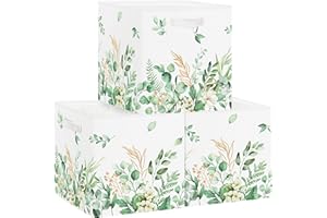 Clastyle 3 pcs Leaf Women Cube Storage Unit Boxes Storage Baskets for Shelves Ladies Girls Nursery Hamper Basket Book Clothes Toy Box Organizer, Green, 11.8x11.8x11.8 in