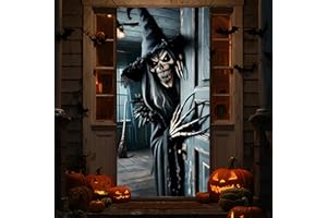ILMFMY Halloween Türbanner 180x90 cm – Gruselige Hexe mit Skelett-Erscheinung, wetterfeste Horror Türdeko aus Polyester, Halloween Banner für Haustür, Fenster, Garten, Outdoor & Partydeko
