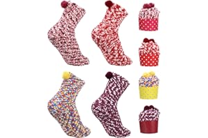 Bixury Cupcake Socks 4 Pares Divertidos Calcetines de Pastel Calcetines para Magdalenas Calcetines Mujer Con Pompon De Colorines con Caja de Regalo Calcetines Cálidos de Invierno para Mujer