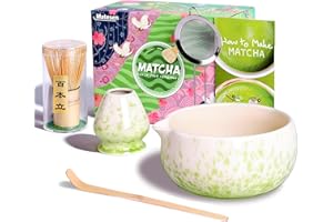 Matesen Matcha Kit Beige et Vert, 5 Pièces Matcha Set, Kit Matcha Complet, Ustensiles Pour Cérémonie du thé Japonais, Support de Fouet à Matcha, Coffret Matcha Cadeau de noël Pour la Famille, les amis