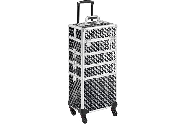 Abician Grande Valise de Maquillage 4 en 1 Mallette Maquillage Professionnelle Beauty Case pour Voyage 4 roulettes Cadre Aluminium Poignée Télescopique Serrures 34× 25,5 × 80,2 cm Noir pailleté