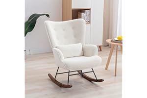 HomeMiYN Rocking Chair for Nursery Soft Wool Fleece Rocking Chairs With Teddy fleece Lumbar and Wood Legs Recliner Relaxing Chair for Balcony Living Room Bedroom Beige
