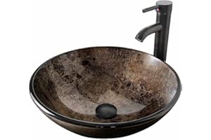 YU YUSING Lavabo da Appoggio in Vetro, Lavabo da Bagno, Lavadino Girare con Rubinetto, per Bagno, Cucina, Ospiti, WC, Moderno, Colore Marrone 42 x 42 x 14 cm