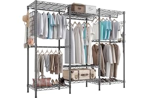 HOKEEPER Kleiderständer, robuster Schrankständer zum Aufhängen von Kleidung, Traglast 498 kg, tragbarer, verstellbarer Kleiderschrank mit seitlichem Netzbrett und Haken, Schwarz (177 x 43 x 193.5cm)