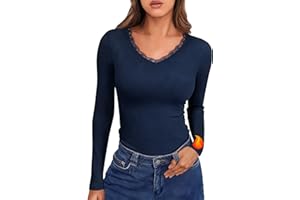 Crewhpo Haut Thermique Femme Col V sous Vetement Thermique à Manches Longues Tee Shirt Thermique en Dentelle Léger Basic T-Shirt Top Slim Fit pour Hiver Automne