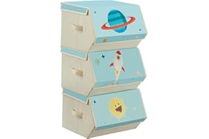 SONGMICS Aufbewahrungsbox Kinder, 3er Set, Faltboxen, Spielzeugkiste mit Deckel, 38 x 35 x 25 cm, für Kinderzimmer, Spielzeugzimmer, Weltraummotive, blau RLB700Q01