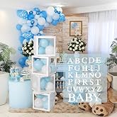 Balloon Boxes for Baby Shower Decorations - 4 Pcs DIY White Transparent Boxes with 30 Letters BABY + A-Z for Boys Girls Baby