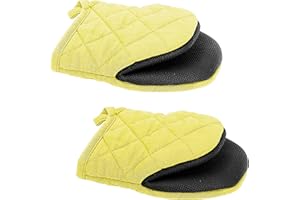BUUMIN 1 Pair Short Oven Mitts, Heat Resistant Silicone Kitchen Mini Oven Mitts for 500 Degrees, Non-Slip Grip Surfaces and Hanging Loop Gloves, Baking Grilling Barbecue Microwave Machine Washable£¨Yellow£©