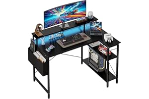 Grandder 100 cm Escritorio L con Luces LED y enchufes, Escritorio de Juego con 2 estantes, Mesa de Ordenador con Soporte para Monitor, Home Office, Negro carbón​