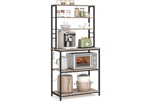 VASAGLE Scaffale Cucina, Mobile Cucina, Scaffale per Microonde, 6 Ripiani, 6 Ganci, Struttura in Acciaio, Stile Industriale, 40 x 80 x 167 cm, Greige Melange e Nero Inchiostro KKS019B02