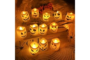 JINGTOPS 12 Velas LED Con Expresión Extraña, Calabaza Con Luz, Candelabro Colgante, Decoración Halloween Casa Interior Exterior (Luz Blanca)