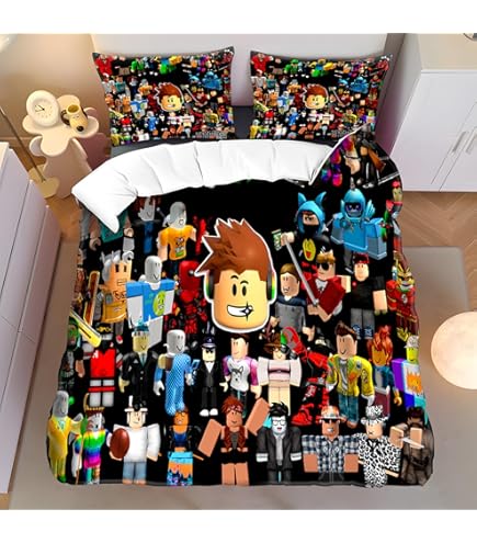 NICHIYO Roblox Beddengoedset, dekbedovertrek en kussensloop, microvezel, 3D digitale print, driedelige set (dekbedovertrek kussenslopen) (15, King 220 x 240 cm
