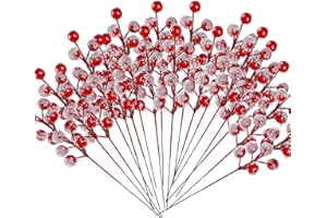 ONEINHE Confezione da 24 bacche rosse ghiacciate natalizie, 22 cm, bacche rosse artificiali, bacche di agrifoglio innevate per decorazioni per albero di Natale, ghirlande di Natale, matrimoni
