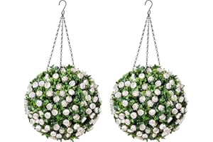 CHRISTOW Pair of Artificial Rose Topiary Balls, 28cm Faux Leaf Hanging Ornaments, White Flowers, Decorative Outdoor Garden Plants, Lush Lifelike Foliage, UV Protected, Pre-Attached Chain with Hook