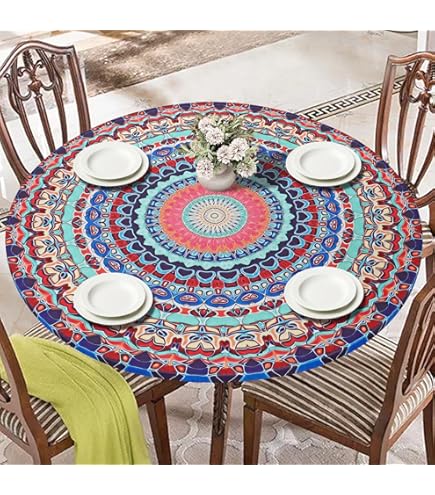 VOUNOT Ronde Tafelkleed Covers Elastische Outdoor Picknick Waterdichte Tafelhoes Keramisch Patroon 90-120cm