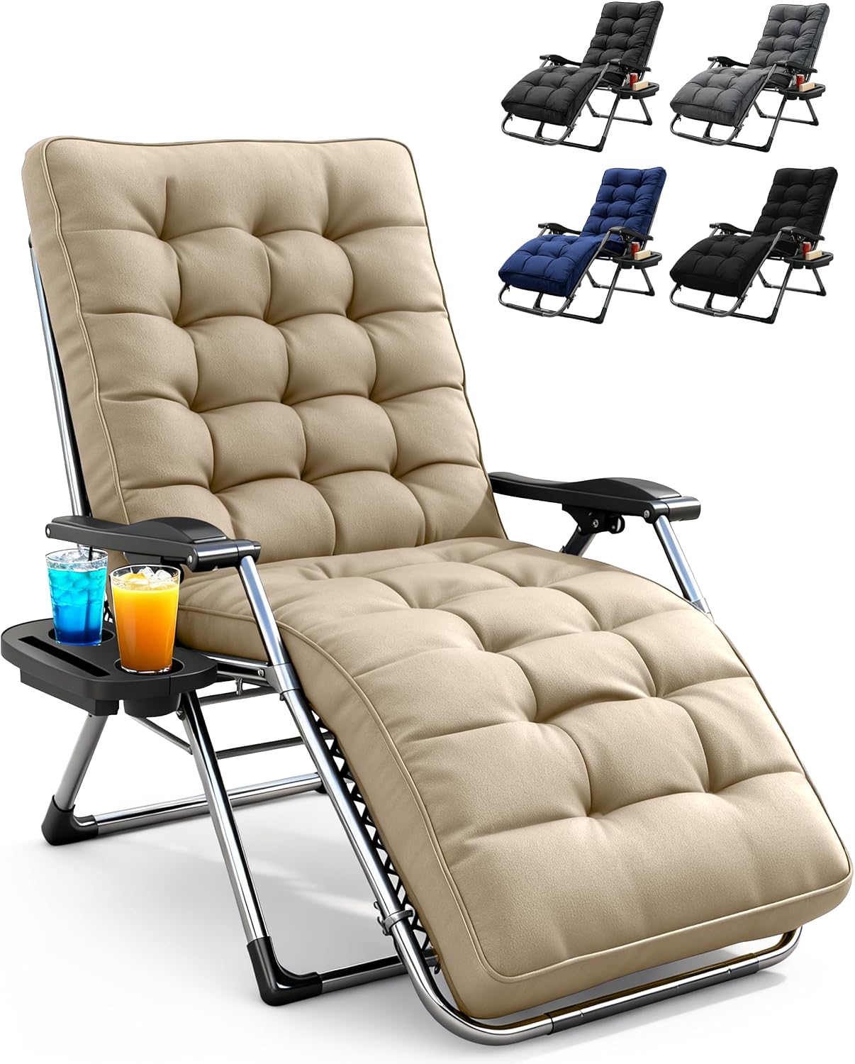 KEPLIN Square Tube Gravity Chair with Cushion 1 Pack – Extra Wide 72cm Zero Gravity Reclining Garden Chair, Reinforced Frame Supports 150kg, Locking System, Cup Holder, Foldable Sun Lounger