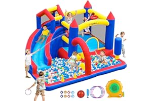 GYMMALL Castello Gonfiabile per Bambini con Scivolo, trampolino, parete da arrampicata, sacco da box, tiro a segno e vasca per palline per interno ed esterno, 366x310x210 CM