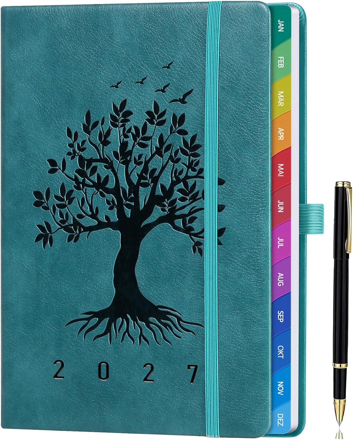 Kalender 2027 A5 Buchkalender 1 Woche 2 Seiten, Deutsch - Türkis | Wochenplaner 2027 mit Monatsregister, Terminplaner Jan–Dez 2027, mit Notizseiten & Tasche, für Büro, Schule & Familie