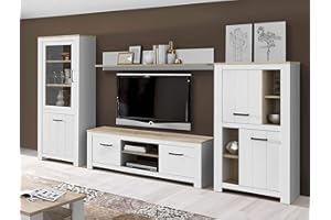 ‎FORTE FORTE Elara Wohnwand mit 5 Türen und 1 Glastür, Holzwerkstoff, Weiß matt / Bianco Eiche, 344 x 185 x 42 cm.