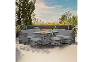 Alivio 8 Seater Rattan Furniture Set with Built-In Fire Pit, Luxury PE Rattan Garden Furniture Seating, Anti-UV Cushions with 2 x Three-Seater, 1 x Corner Table, 2 x Stool, 1 x Centre Table (Grey)