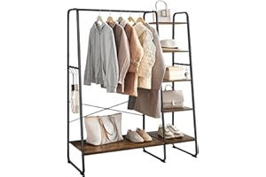 VASAGLE Clothes Rail Clothes Rack with Shoe Rack, 5 Tier Storage Rack, 6 Side Hooks, for Bedroom, Living Room, Rustic Brown and Black RGR116B01