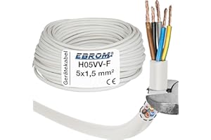 EBROM Câble H05VV-F 5G1,5 mm² - 5 x 1,5 mm² - Blanc - 10 m, 25 m, 50 m ou 100 m