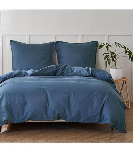 DAPU Leinen-Bettwäsche Queen-Size – 3-teilig, 55% Leinen/45% Baumwolle, Olivgrün, Mit Knopfverschluss