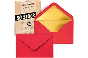 Japun - sobres (50 unidades), sobre sin ventana - DIN C6-162 x 114 mm - interior: oro - color del papel: rojo